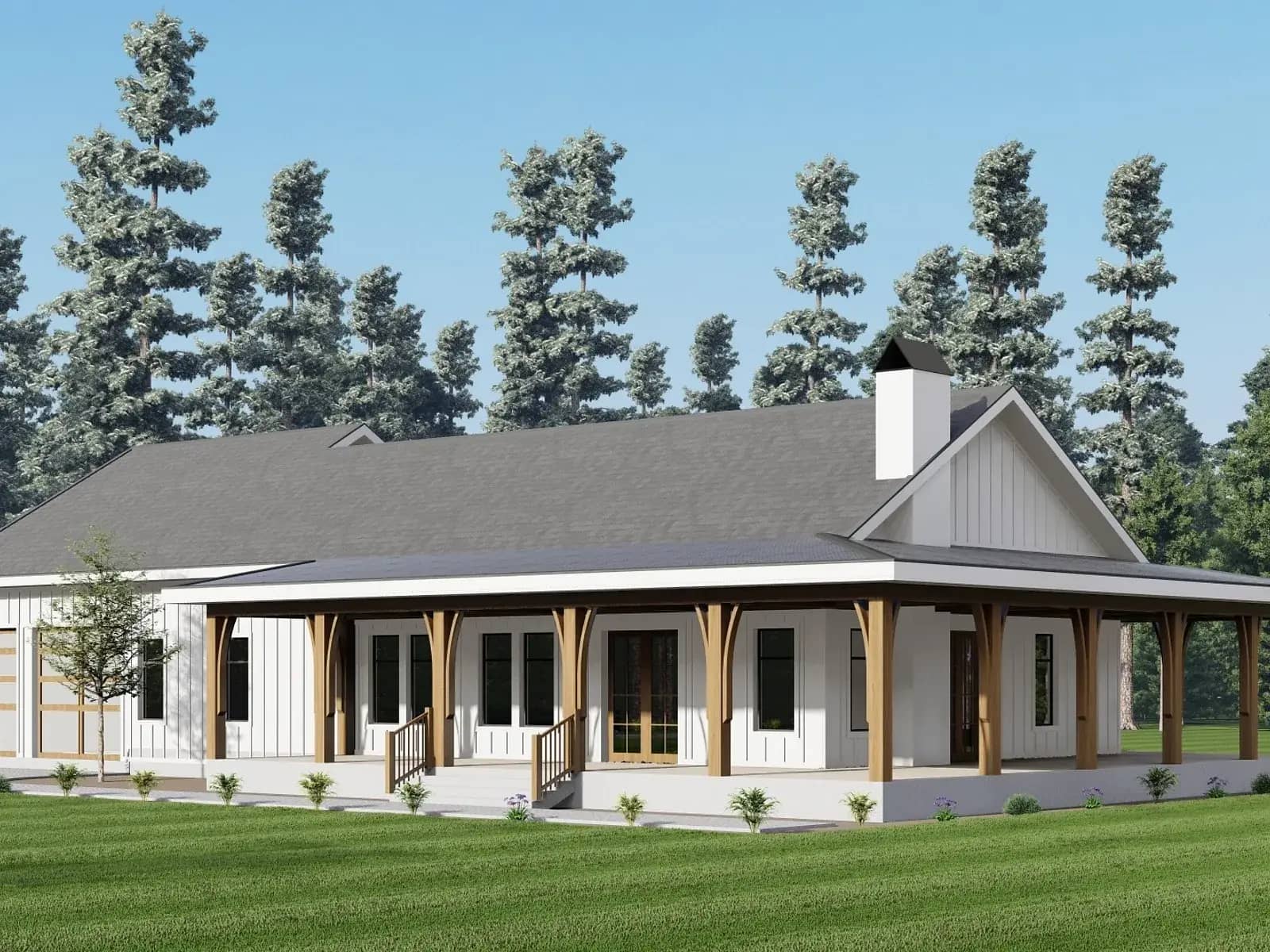 Single-story custom home with a wraparound porch and mature trees