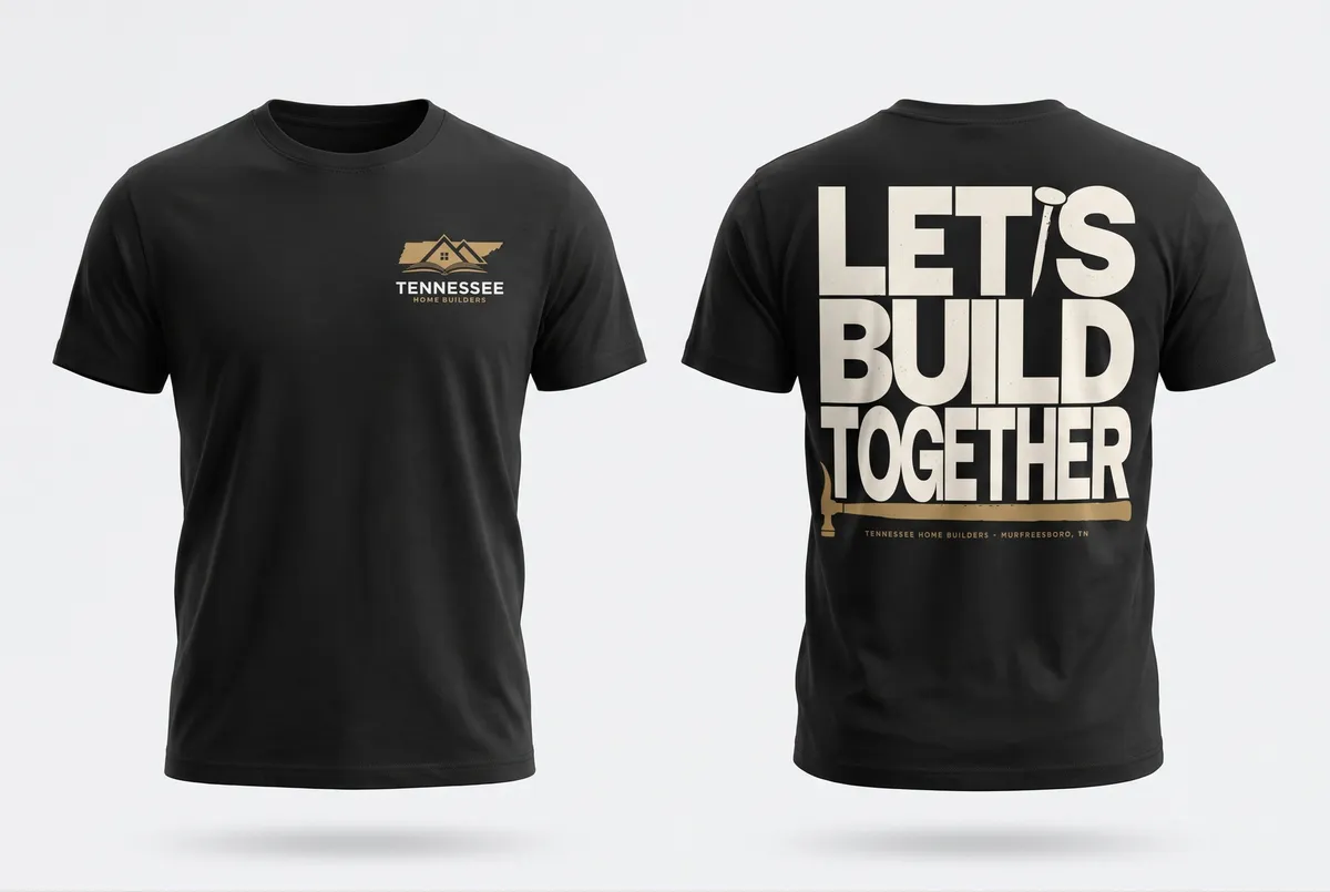 Black tee shown front and back — huge cream type across the back with a tan nail replacing the apostrophe and a hammer forming the underline.