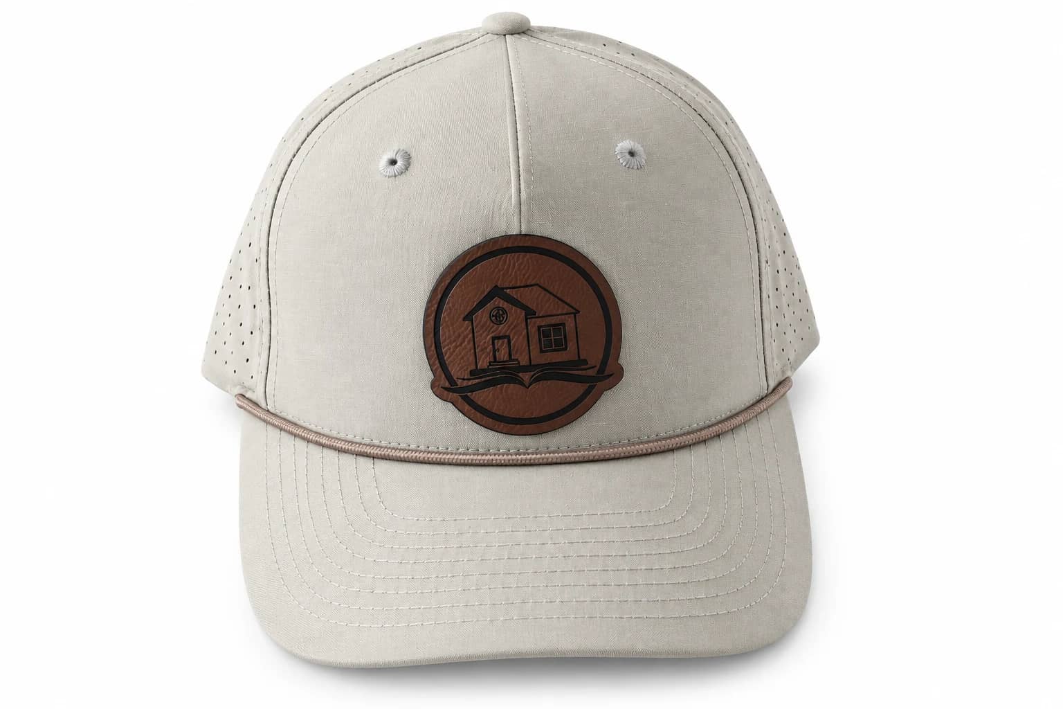 Stone rope hat with a brown house-and-book patch and matching rope.