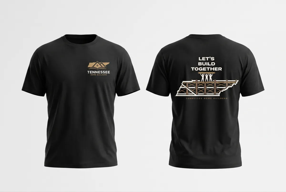 Black tee front and back — the back print frames the Tennessee outline out of studs and braces while three figures lift a beam across the top.