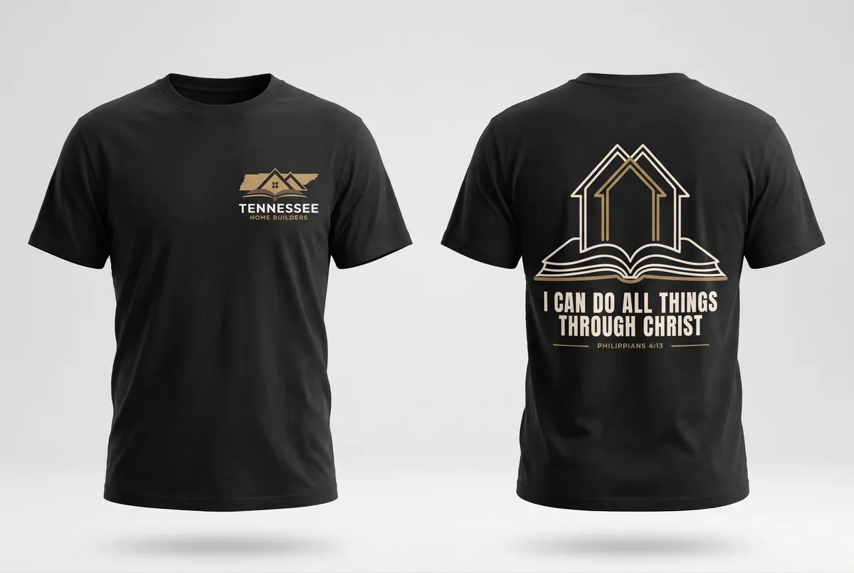 Black tee front and back — the back print draws a house outline rising from an open book, with the scripture line set underneath in cream.