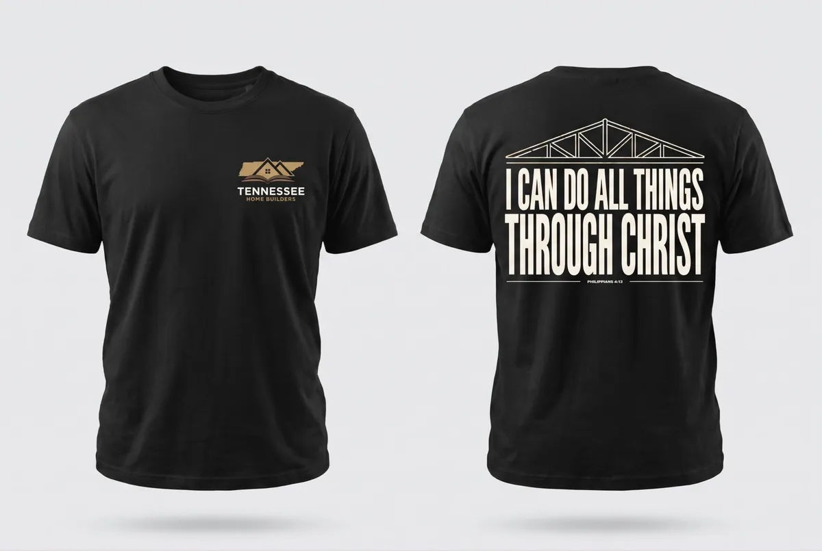 Black tee front and back — an outlined roof truss runs across the top of the back print above two lines of condensed cream lettering.