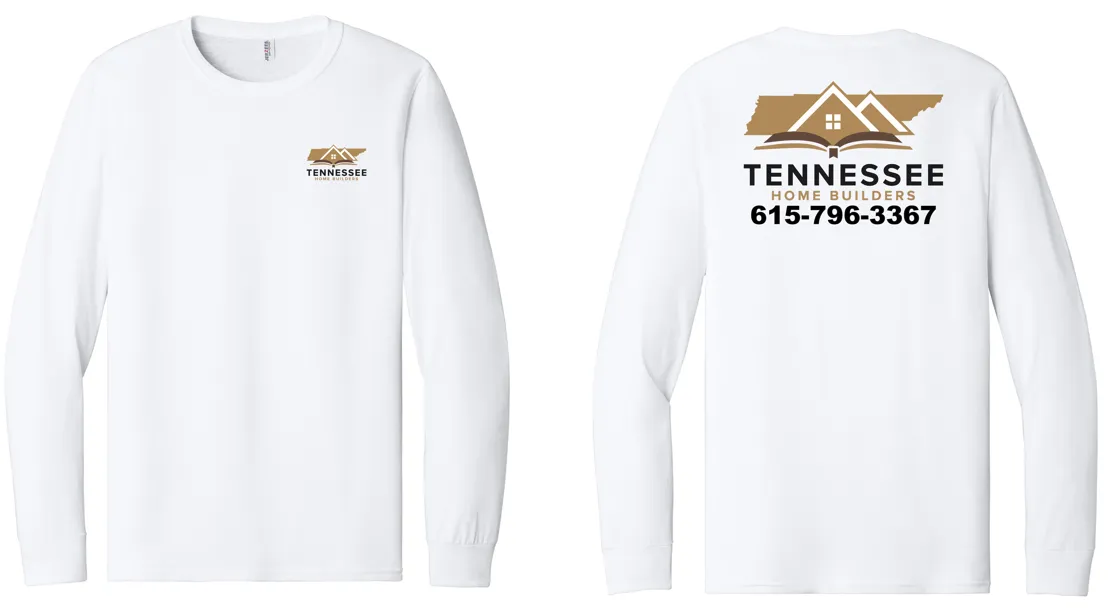 White long sleeve shirt laid flat, front and back — small logo at the left chest, large tan-and-black logo and a printed phone line across the back.