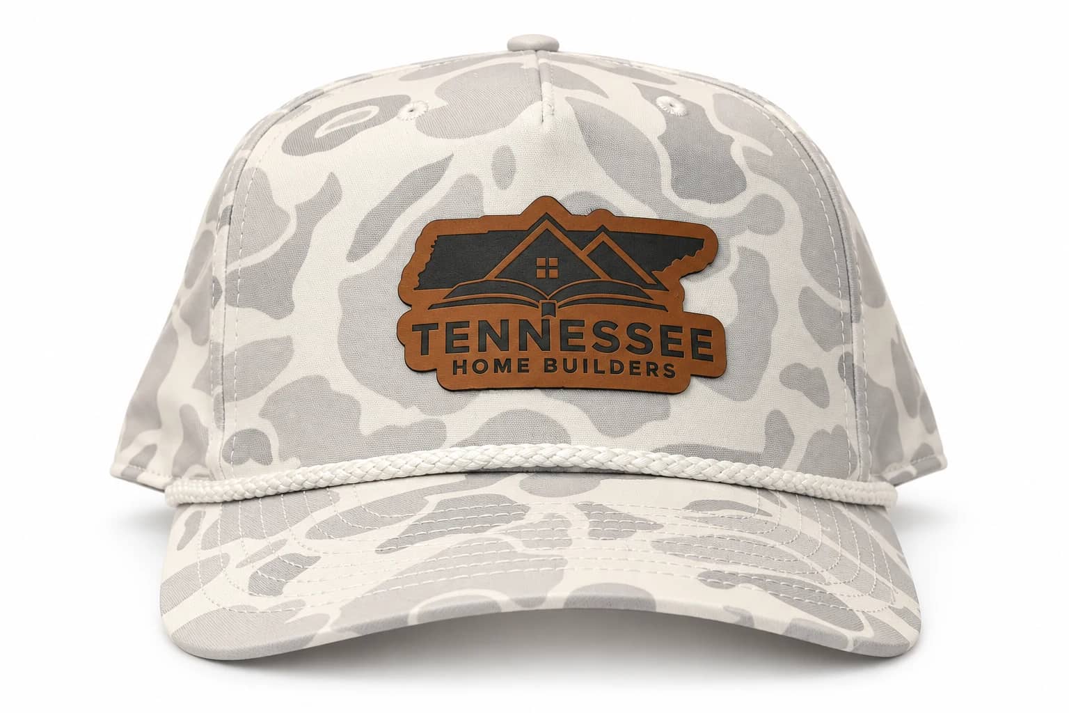 Light gray camouflage rope hat with a tan Tennessee Home Builders die-cut patch.