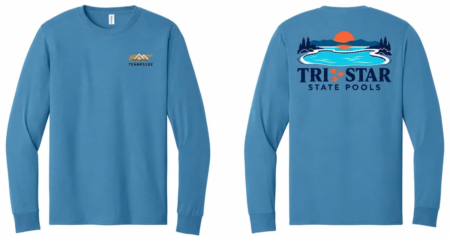 Blue long sleeve design preview, front and back — small THB chest logo and the Tri-Star State Pools sunset and pool logo on the back.
