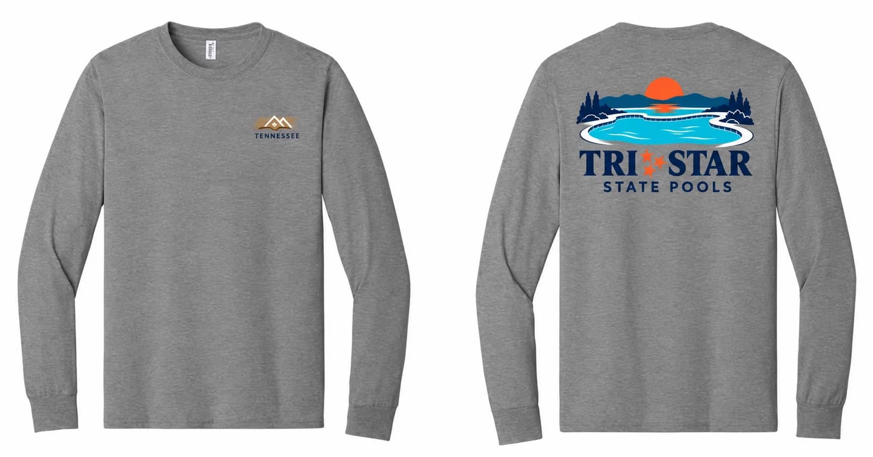 Heather gray long sleeve design preview, front and back — small THB chest logo and the Tri-Star State Pools sunset and pool logo on the back.