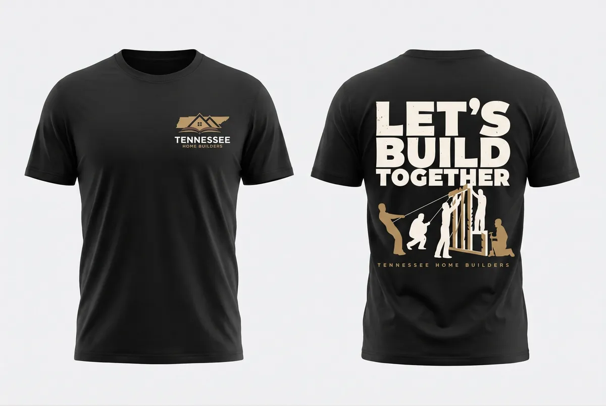 Black tee photographed front and back — the back print shows a framing crew raising a stud wall beneath LET'S BUILD TOGETHER in cream and tan.